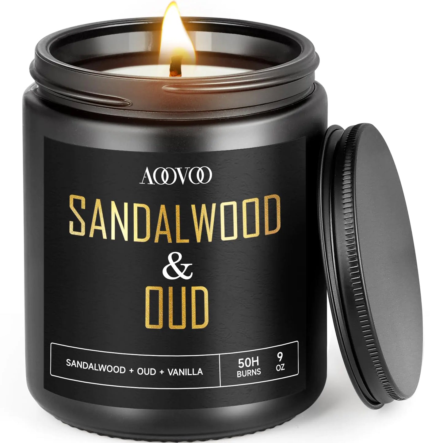 AOOVOO Scented Candles for Men - Sandalwood & Oud Candles for Home Scented Masculine Black Candle Gift for Women & Men Gifts for Birthday Christmas 9 oz Natural Soy Wax